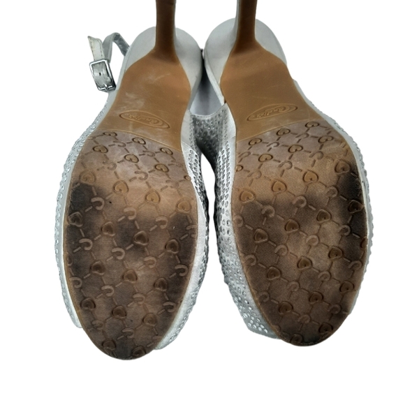 Candie's Silver Satin Gem Embellished Slingback Peep Toe Stilettos Size 8.5 - Picture 8 of 10